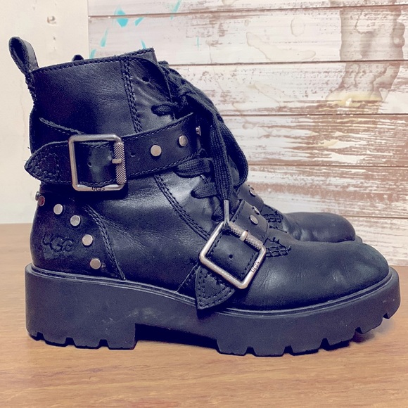UGG Shoes - Ugg Zorrah black moto leather stud buckle lace up zip ankle booties